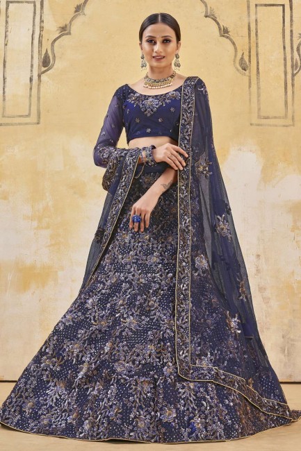 Embroidered Blue Party Lehenga Choli with Net  Dupatta