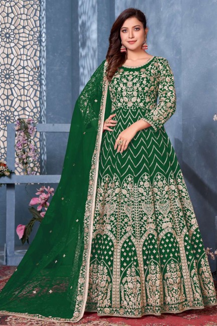 Green Net Embroidered Eid Anarkali Suit with Dupatta