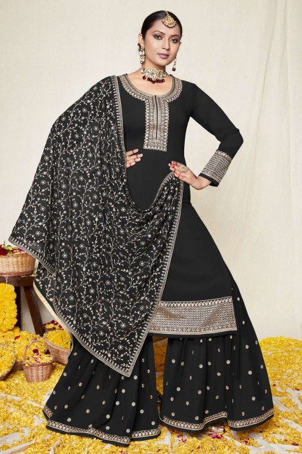 Black Georgette Embroidered Eid Sharara Suit with Dupatta