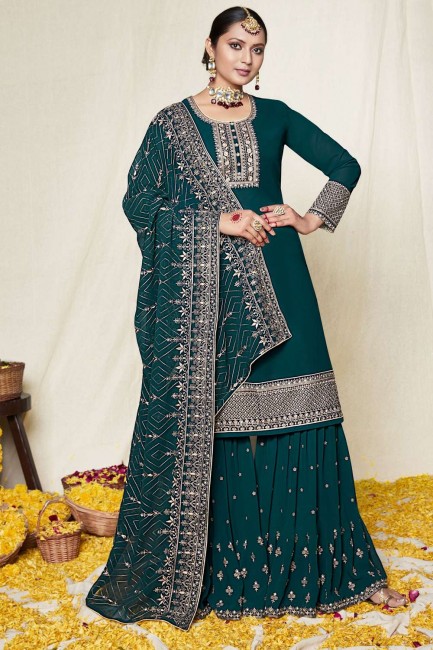 Georgette Teal  Eid Sharara Suit in Embroidered