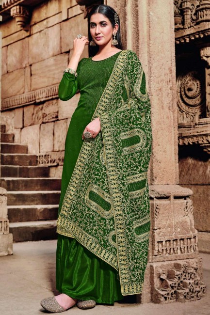 Stone with moti Eid palazzo Suit in Green Georgette