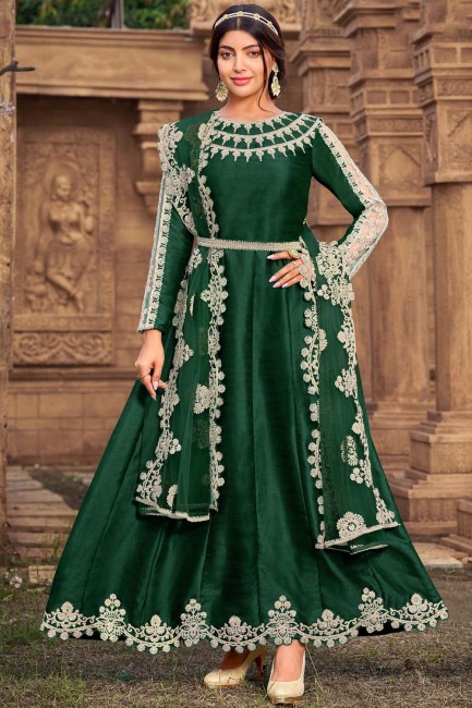 Green Eid Anarkali Suit in Embroidered Silk