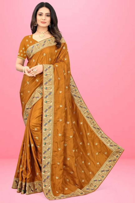 Saree Silk  in Mustard  with Embroidered