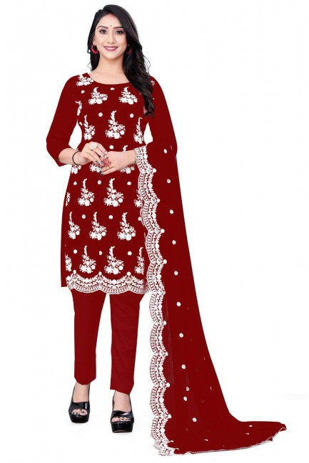 Georgette Embroidered Maroon Salwar Kameez with Dupatta