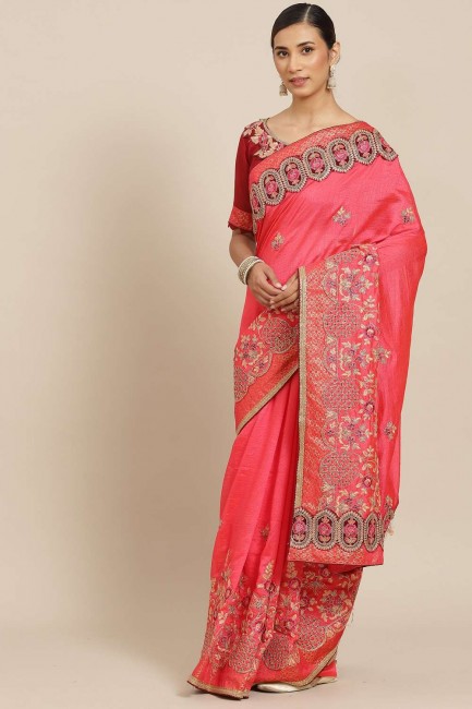 Saree in Georgette with Pink Embroidered