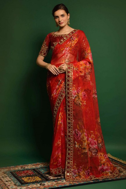 Georgette Saree in Red with Embroidered,lace border