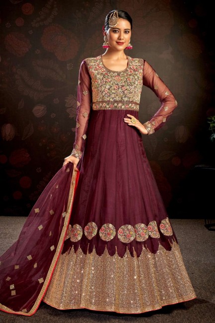 Net Anarkali Suit with Embroidered
