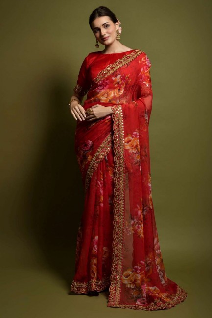 Red Saree with Embroidered,printed Georgette