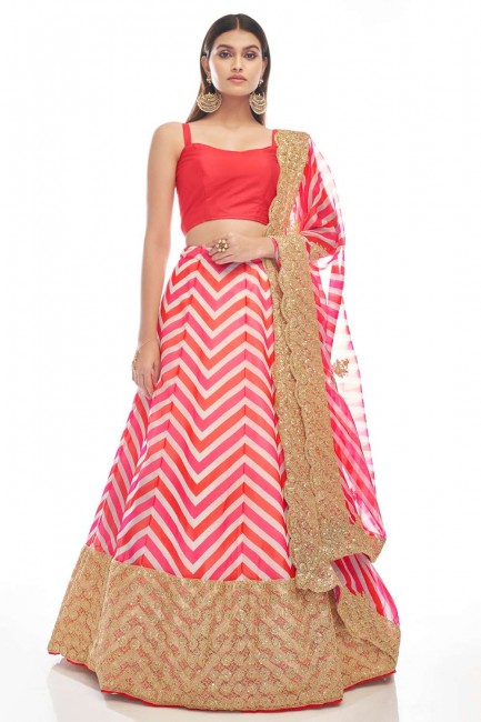 Organza Party Lehenga Choli in Pink with Printed