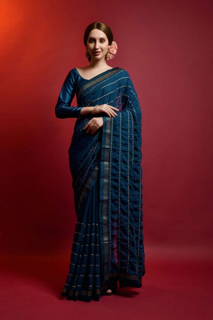 Georgette Saree with Mirror,embroidered in Teal blue