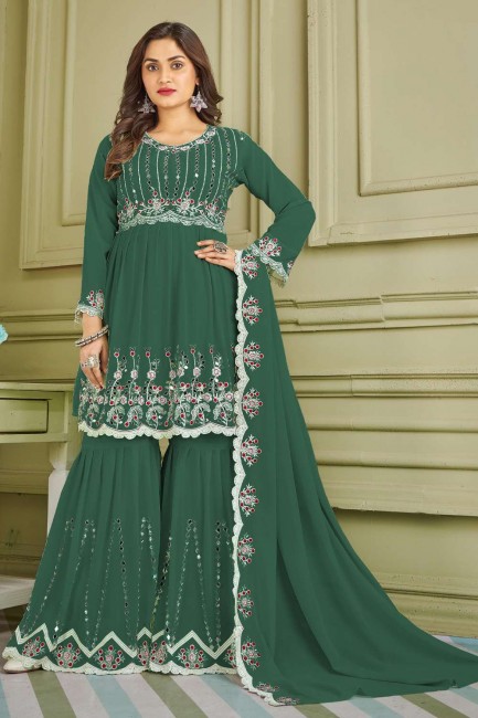 Islamic Sharara Suit in Green  Faux georgette with Embroidered
