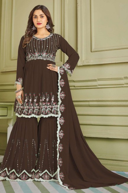 Coffee  Embroidered Faux georgette Islamic Sharara Suit