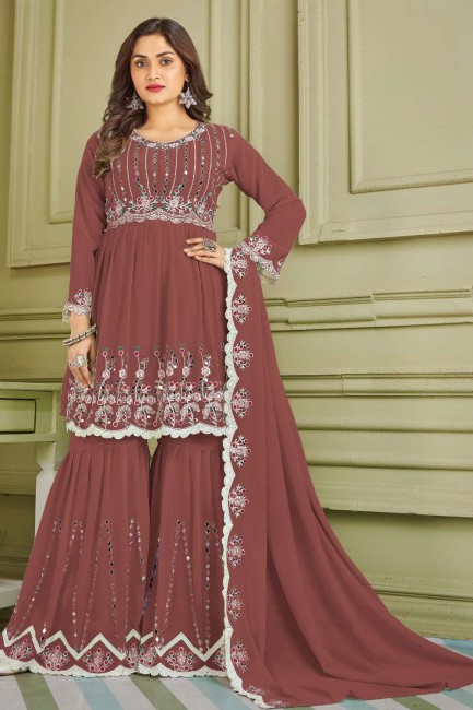 Sharara Suit with Islamic Embroidered Faux georgette in Brown
