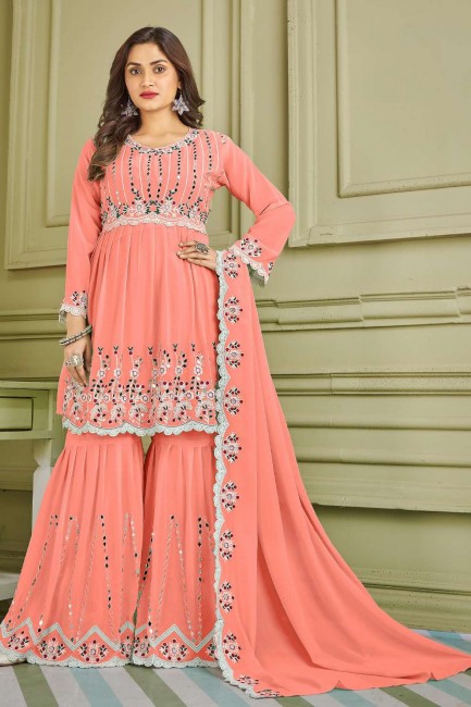 Embroidered Islamic Sharara Suit in Salmon Faux georgette