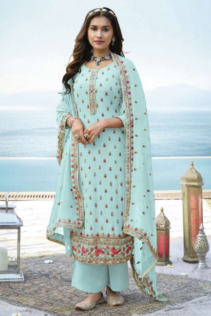 Embroidered Faux georgette Sea green Pakistani Palazzo Suit with Dupatta