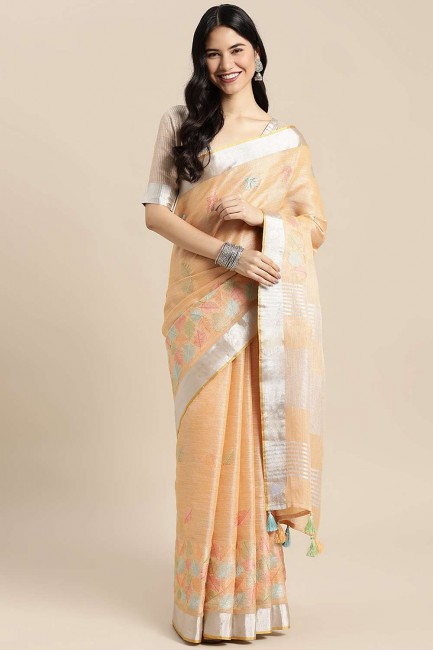 Linen Saree in Orange with Resham,embroidered,lace border