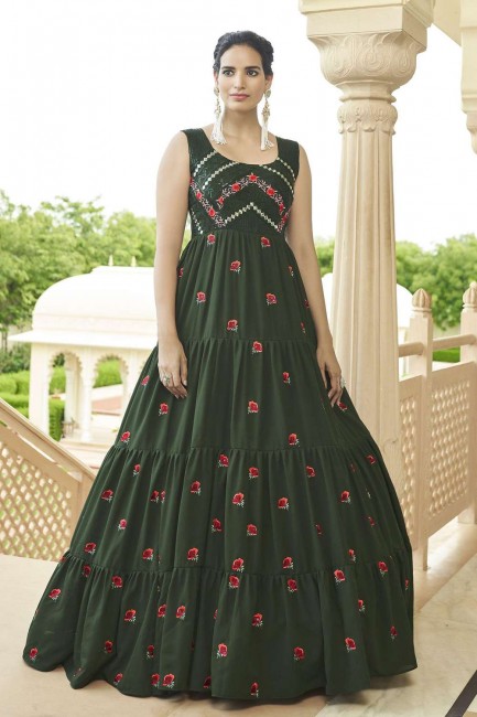 Olive  Gown Dress with Printed Georgette
