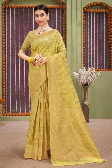 Yellow Saree with Weaving Linen