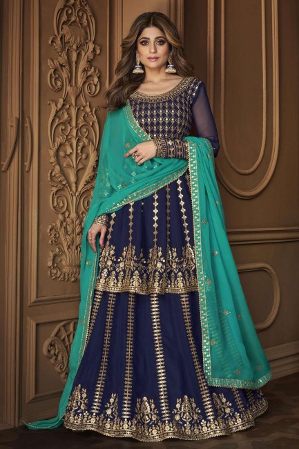 Georgette Lehenga Suit with Embroidered in Blue