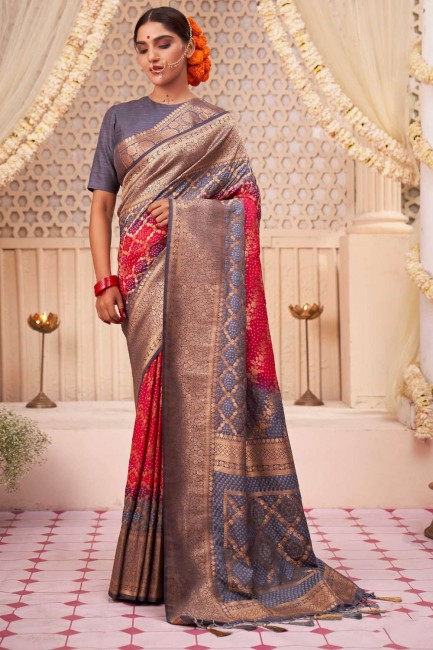 Pink Saree with Weaving Raw silk