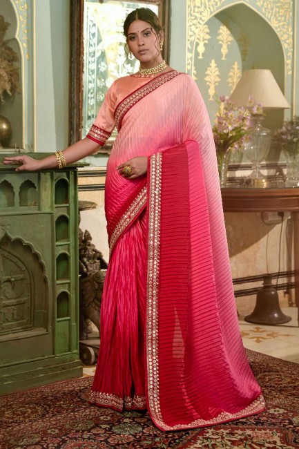 Pink Saree in Mirror,embroidered Chinon chiffon