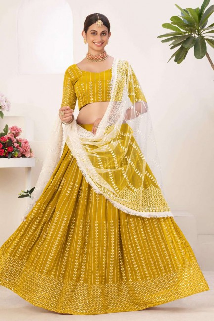 Georgette Embroidered Mustard  Party Lehenga Choli with Dupatta