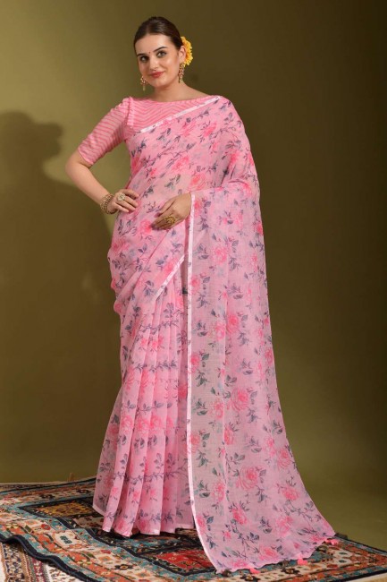 Linen Saree with Printed in Pink