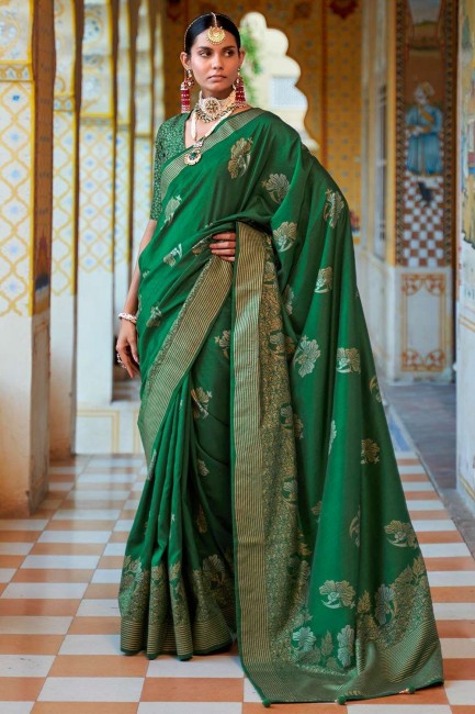 Green Saree in Silk with Printed,weaving