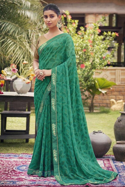 Rama Embroidered,printed,lace border Georgette Saree