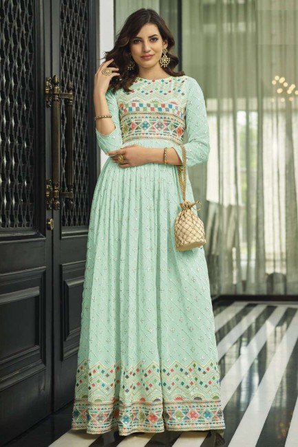 Faux georgette Anarkali Suit with Embroidered in Pista