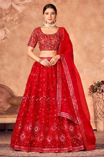 Embroidered Party Lehenga Choli in Red Organza