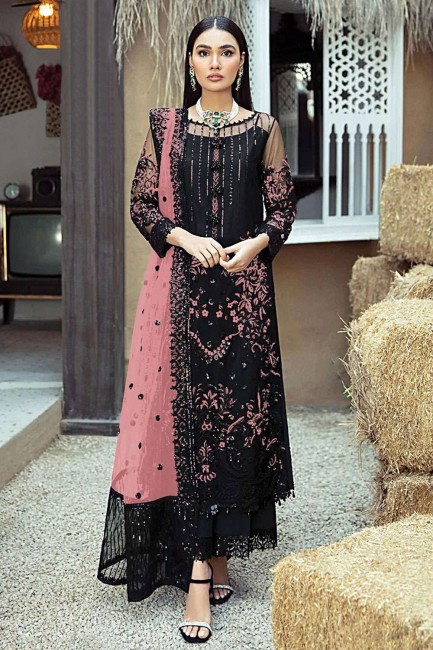 Black Embroidered Eid Palazzo Suit in Faux georgette