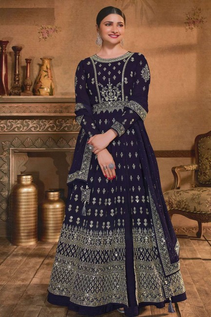 Blue Anarkali Suit in Georgette with Embroidered