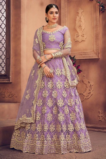 Net Embroidered Purple Wedding Lehenga Choli with Dupatta