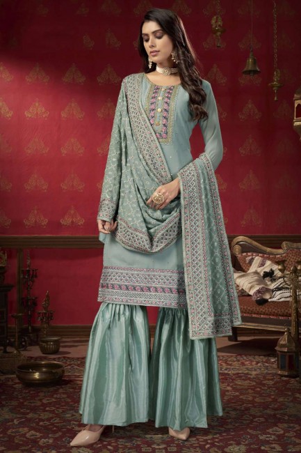 Embroidered Faux georgette Pakistani Suit in Grey with Dupatta