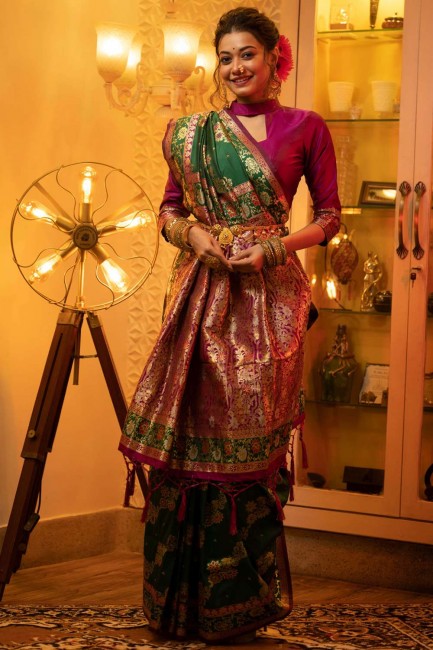 Banarasi Saree in Banarasi silk Green with Weaving