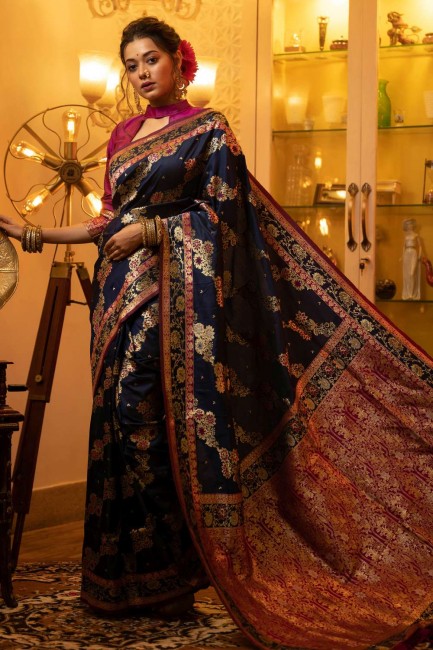 Blue Weaving Banarasi Saree in Banarasi silk