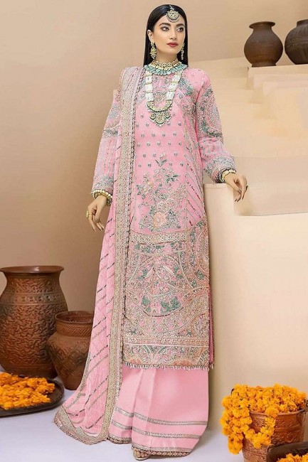 Faux georgette Eid Palazzo Suit in Pink with Embroidered