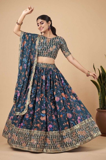Faux georgette Party Lehenga Choli in Teal blue with Embroidered