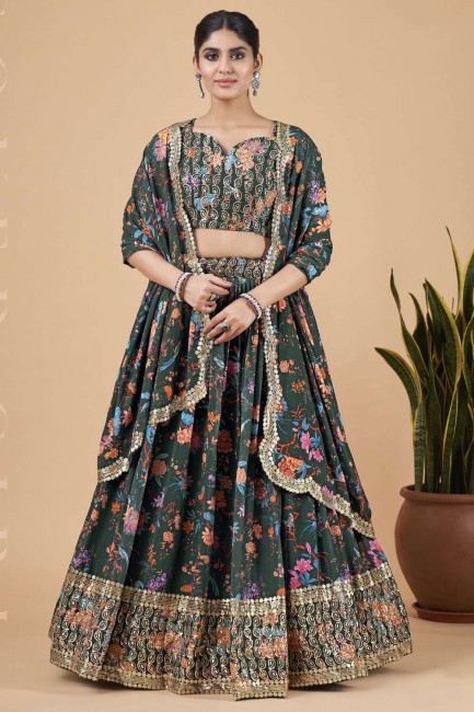 Embroidered Faux georgette Green Party Lehenga Choli with Dupatta