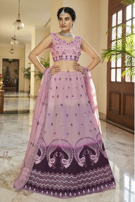 Purple Embroidered Wedding Lehenga Choli in Art silk
