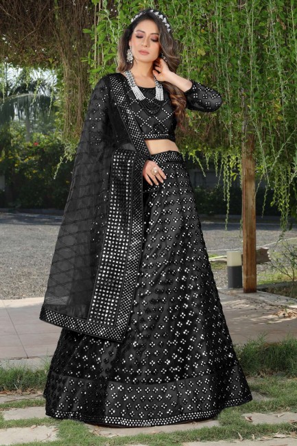 Black Embroidered Net Wedding Lehenga Choli