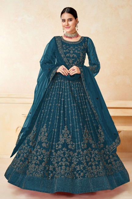 Eid Anarkali suit in Teal blue Net with Embroidered