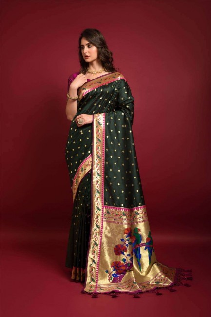Zari,weaving Green Banarasi Saree in Banarasi silk