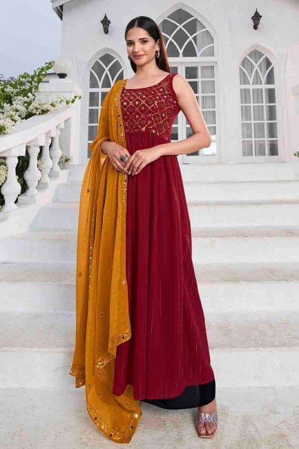 Embroidered Palazzo Suit in Red Georgette