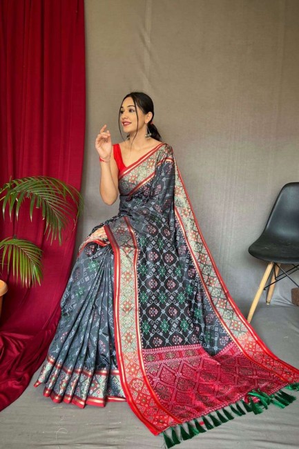 Weaving Patola silk Saree in Grey with Blouse