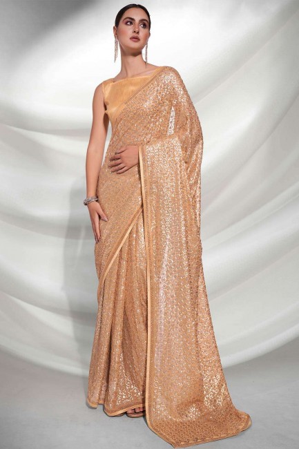 Embroidered Party Wear Saree in Golden Georgette