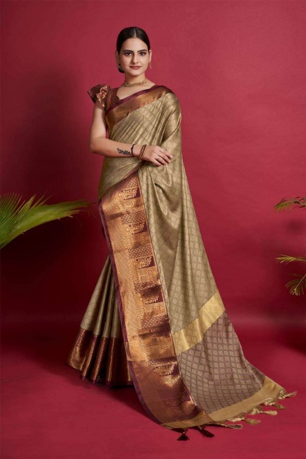 Weaving Silk Beige Saree with Blouse