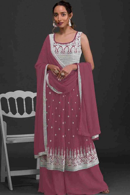 Palazzo Suit in Georgette Pink with Embroidered