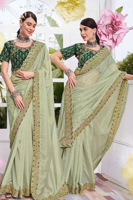 Pista  Saree with Embroidered Organza